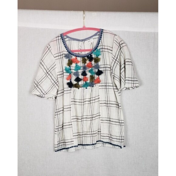 THML Blouse Top M Multicolor Tassle Bodice Check White Black 100% Cotton Boho - Picture 1 of 7
